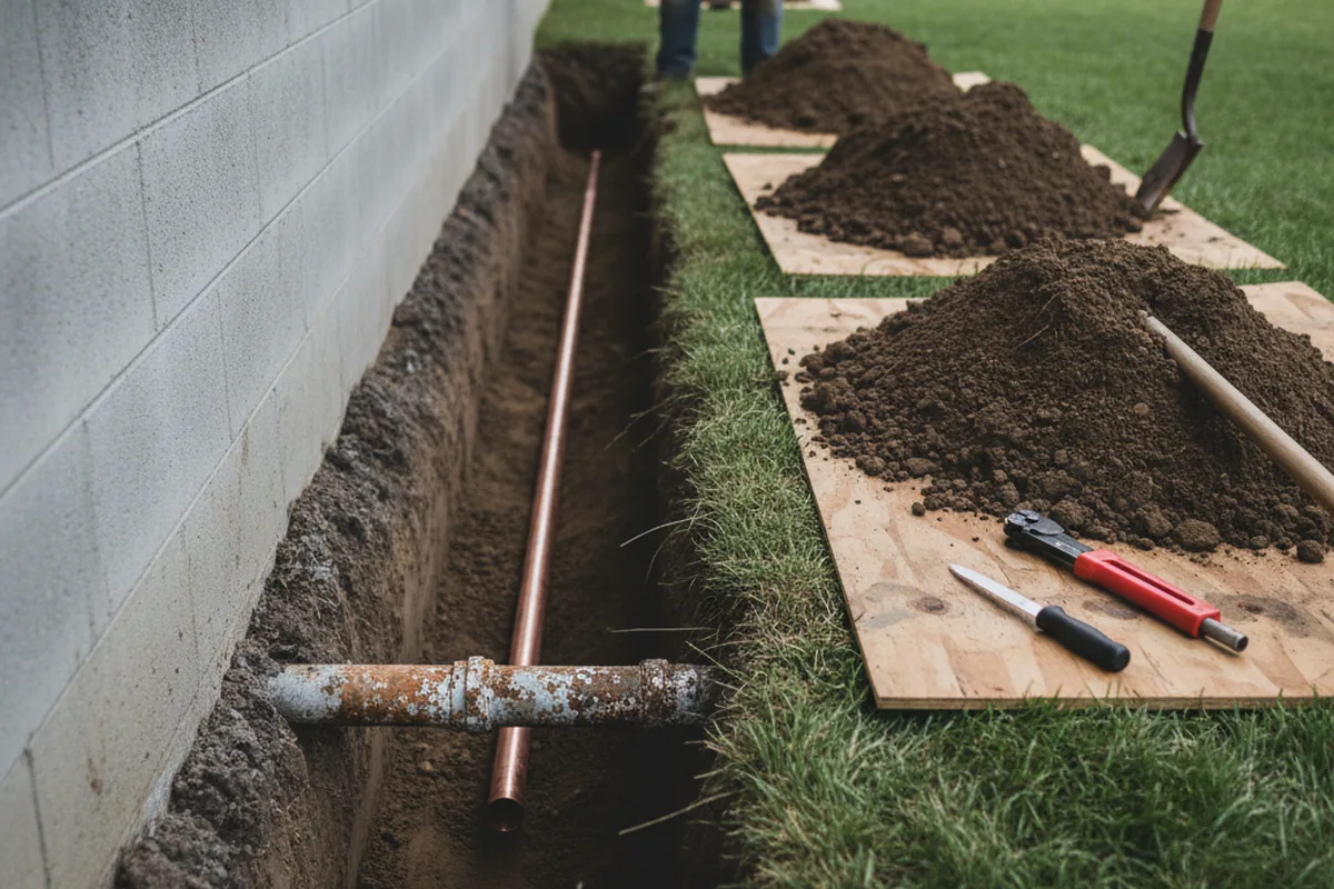 Excavated water line trench during Sewer Line Repair in Ravensdale